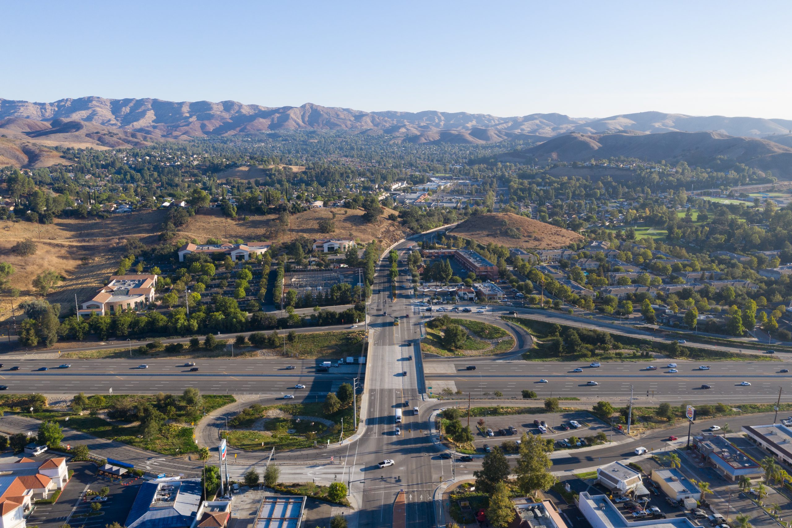 Agoura Hills, CA - Aug 26, 2020: Aerial view along Agoura Hills and the Ventura Freeway in Los Angeles County, California.